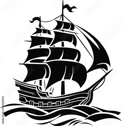 Sail ship vector icon, pirate boat or frigate vector illustration.