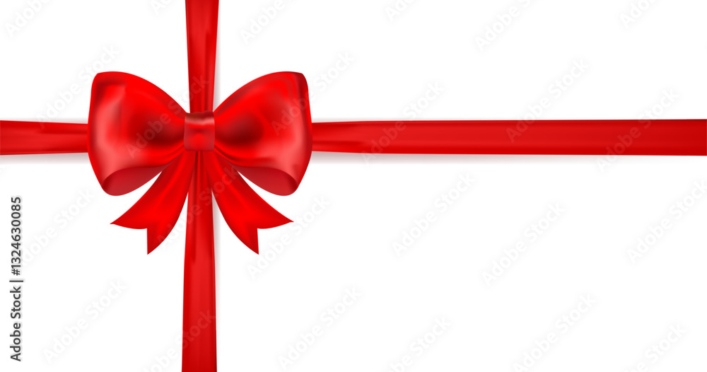 Realistic red satin ribbon bow tied into a classic bow with horizontal and vertical crossing ribbons on a white background. for gift wrapping,holiday decorations, greeting cards, invitation.Vector Realistic red satin ribbon bow tied into a classic bow with horizontal and vertical crossing ribbons on a white background. for gift wrapping,holiday decorations, greeting cards, invitation.Vector