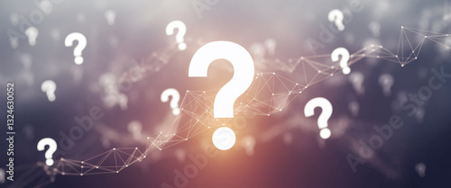 Abstract background with question marks on a network, symbolizing uncertainty, inquiry, or problem-solving.  Ideal for websites or presentations needing a questioning theme.