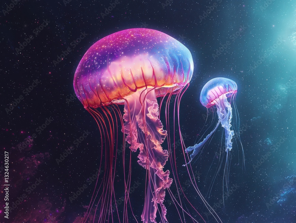 Two Bioluminescent Jellyfish Floating In a Swirling Nebula With Cosmic Glow, Underwater Life, Space Two Bioluminescent Jellyfish Floating In a Swirling Nebula With Cosmic Glow, Underwater Life, Space