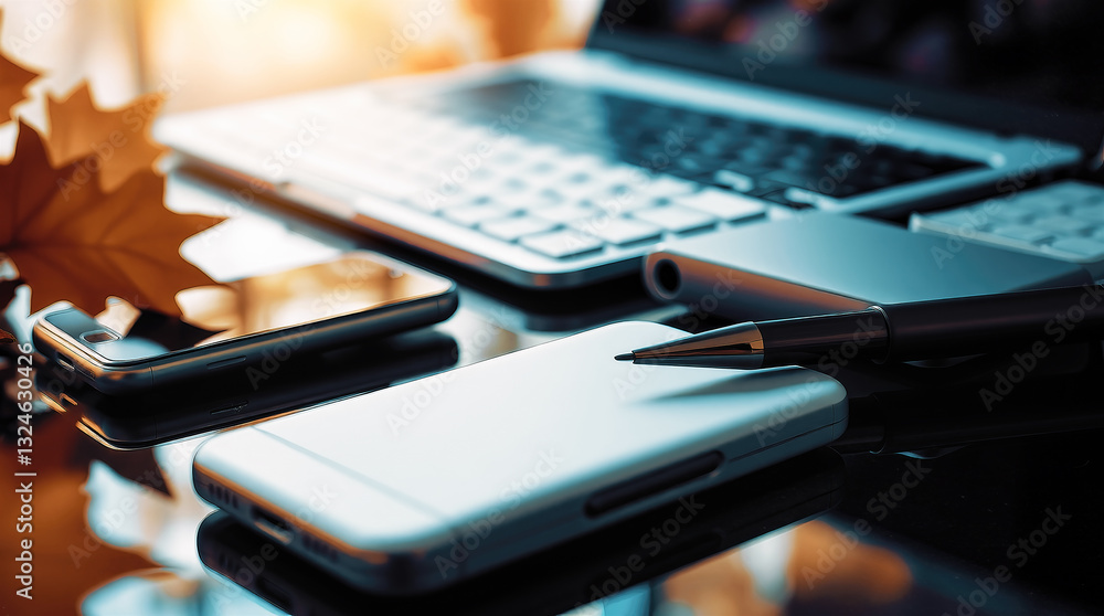 Electronic devices on desk with autumn leaves Electronic devices on desk with autumn leaves