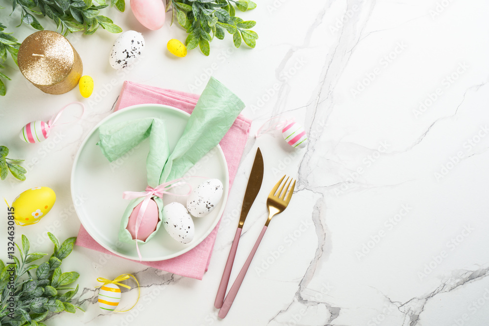 Easter food or table setting on white background.