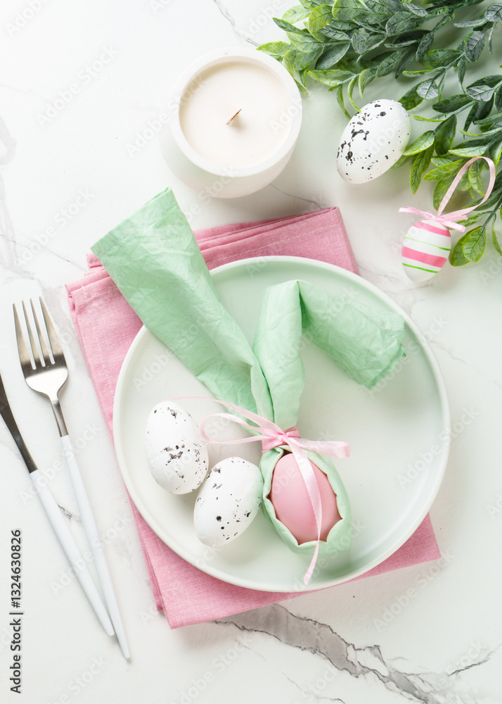 Easter food with decorations on white background.
