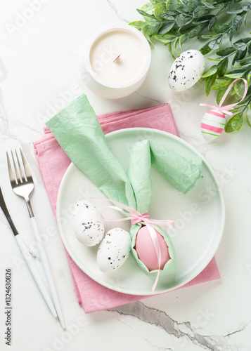 Easter food with decorations on white background.