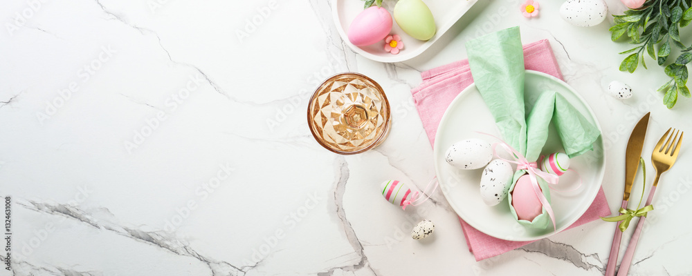 Easter food with decorations on white background.