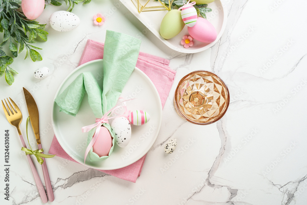 Easter food with decorations on white background.