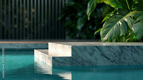 Tranquil pool steps framed by lush greenery