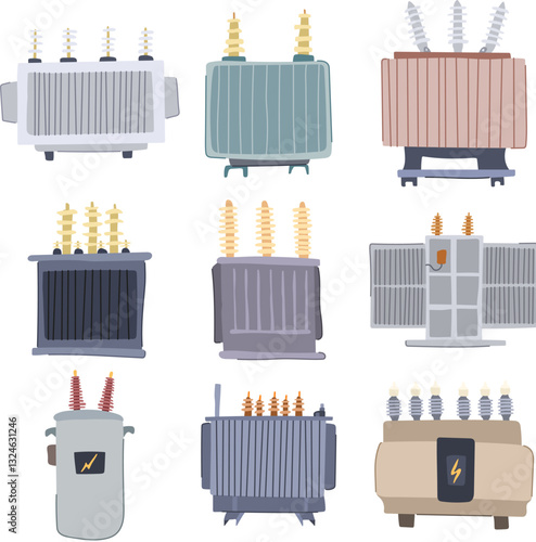 electrical transformer set cartoon vector illustration