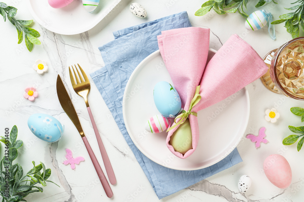 Easter food or table setting on white background.