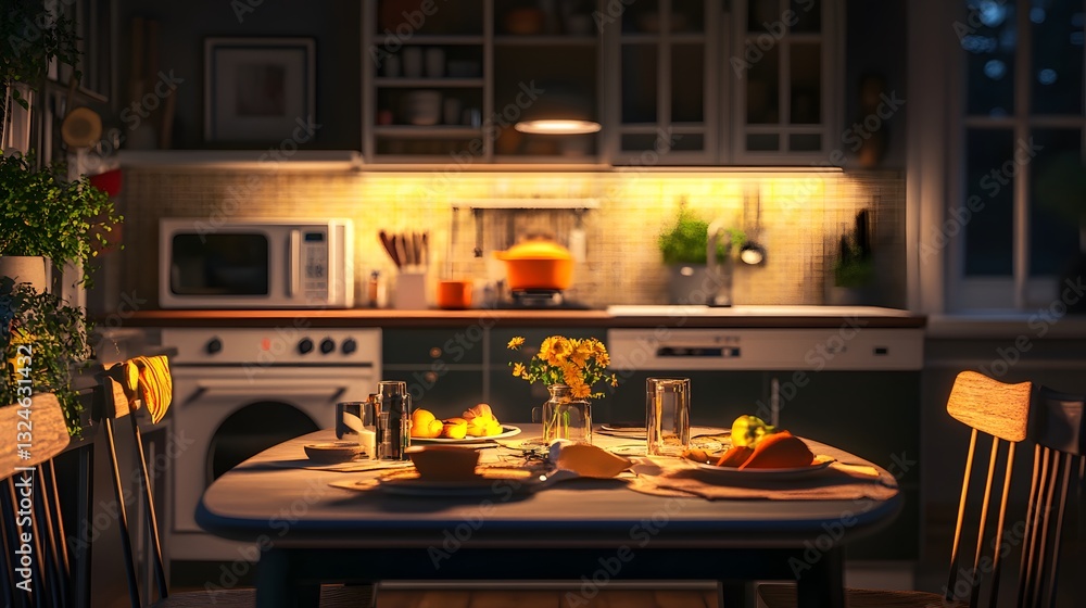 Cozy Kitchen Dinner Table Setting at Night Cozy Kitchen Dinner Table Setting at Night