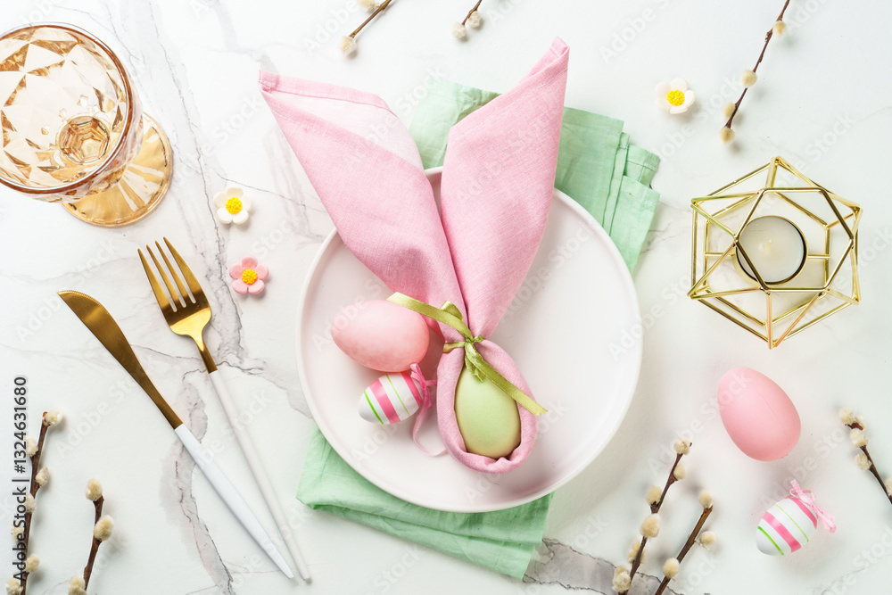 Easter table setting on white background.