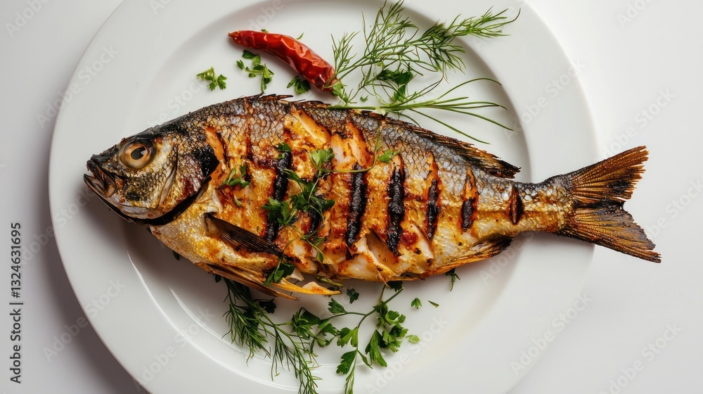 Grilled fish with herbs on white plate. Grilled fish with herbs on white plate.
