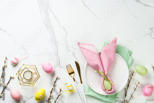 Easter food with decorations on white background.