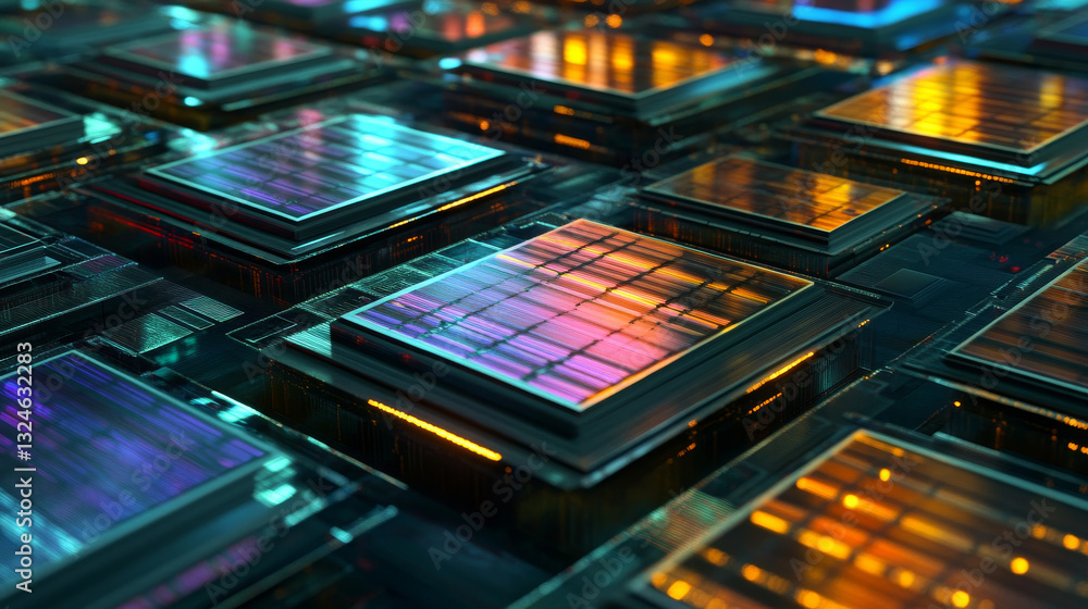 Semiconductor wafer fot manufacture microchips. Electronic technology equipment. Laser on robotic arm cutting slices chip on silicon wafer on factory. CPU production. Semiconductor crystal disc. Semiconductor wafer fot manufacture microchips. Electronic technology equipment. Laser on robotic arm cutting slices chip on silicon wafer on factory. CPU production. Semiconductor crystal disc.
