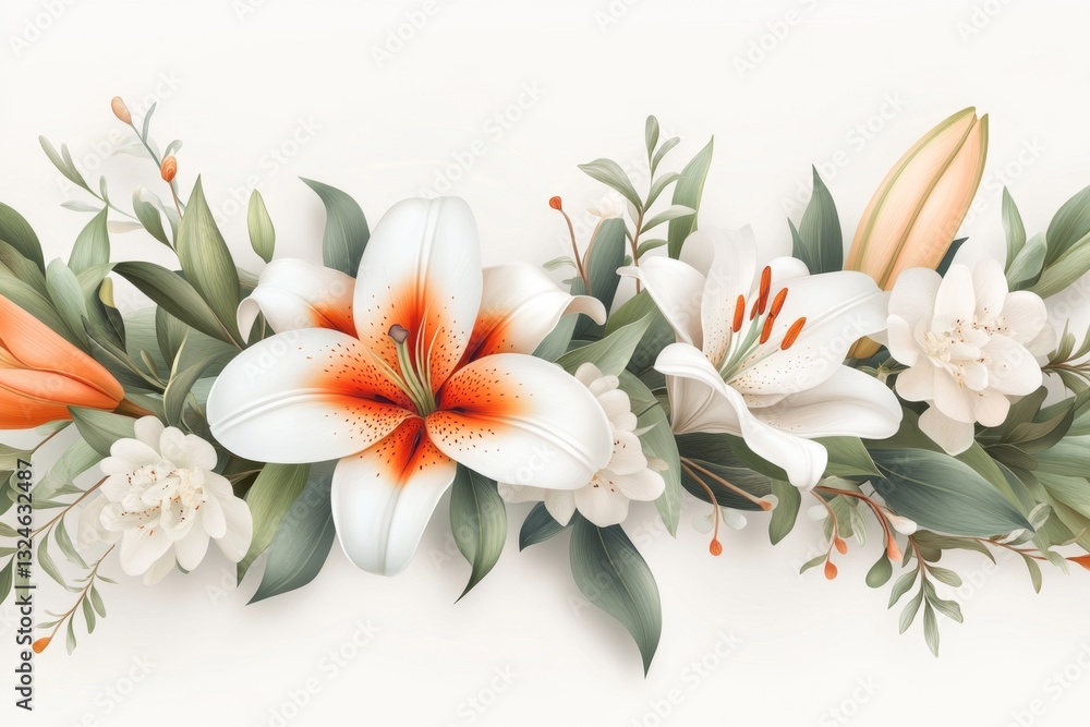Obraz premium A flat 2D drawing of a lily flower in full bloom, surrounded by soft green leaves, drawn in bright, cheerful colors on a white background