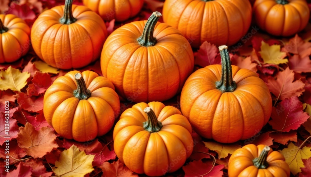 The still life composition features a variety of pumpkins in different shapes and sizes, surrounded by a bed of vibrant fallen leaves in shades of orange, red, and yellow The still life composition features a variety of pumpkins in different shapes and sizes, surrounded by a bed of vibrant fallen leaves in shades of orange, red, and yellow