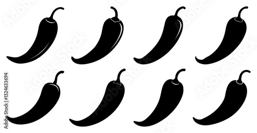 Set of eight chili pepper silhouettes. Spicy food, Mexican cuisine, hot pepper icons.