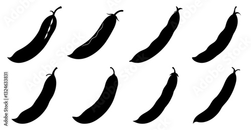 Collection of black pea pod silhouettes in various positions. Perfect for food, agriculture, or healthy eating designs.