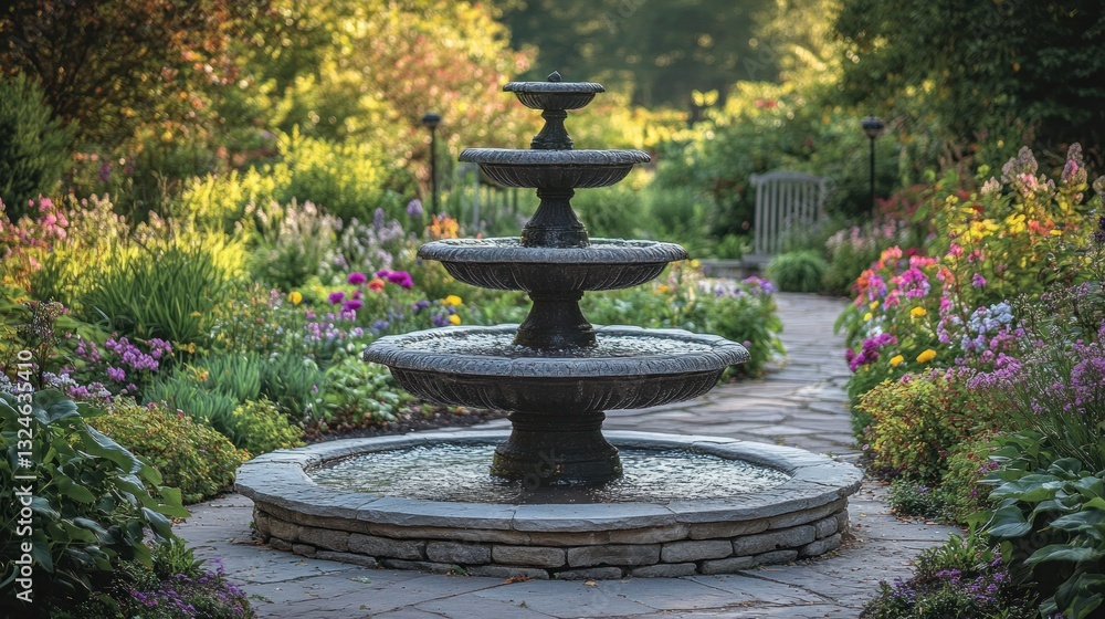 Tiered fountain flows in vibrant garden path Tiered fountain flows in vibrant garden path