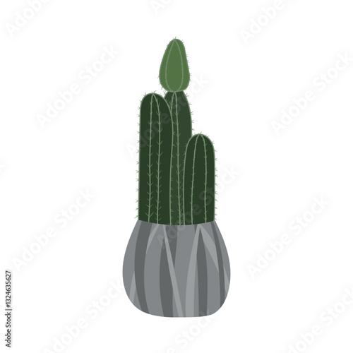 Potted cactus plant cereus with prickles in grey pot isolated on white background. Hand drawn vector illustration in flat style. Cereus peruviana cactus houseplant. Design, sticker, icon