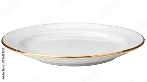 A stylish white plate featuring a delicate gold rim, isolated on a transparent background.