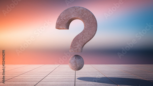 Stone question mark and sphere on tiled surface against a sunset backdrop, symbolizing inquiry, uncertainty, or a need for answers
