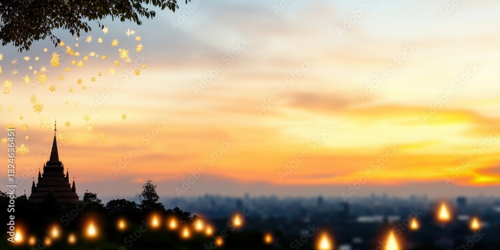 Fototapeta premium buddhist temple sunset, a vivid sunset sky illuminates a buddhist temple silhouette, with flickering oil lamps and balanced text composition