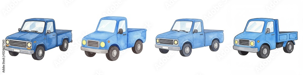 Fototapeta premium Watercolor Blue Pickup Trucks Clipart - Charming watercolor painting of four blue pickup trucks, symbolizing transportation, work, adventure, freedom, and rural life