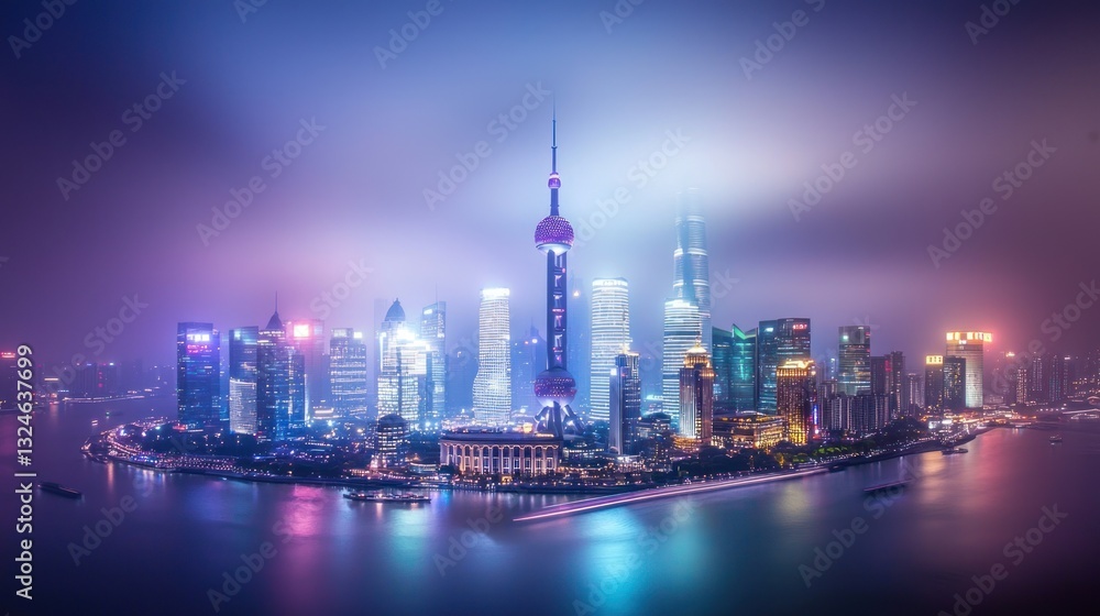 Night cityscape, illuminated skyscrapers, hazy skyline, river reflection. Night cityscape, illuminated skyscrapers, hazy skyline, river reflection.