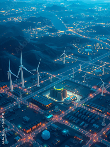 Centralized power grid network with wind farms solar panels and nuclear power plant seamlessly connected to futuristic smart cities