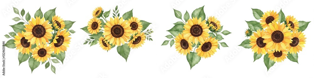 Naklejka premium Sunflowers and Leaves Watercolor Clipart Bouquet - Vibrant watercolor sunflowers, leaves, floral, nature, summer. Symbolizing joy, warmth, happiness, growth, and new beginnings