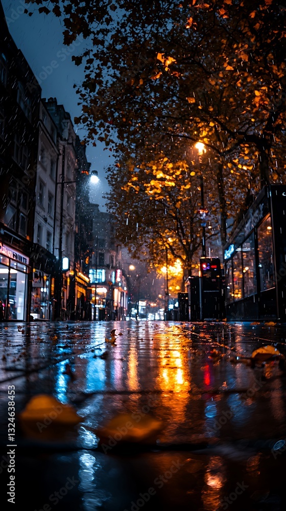 Naklejka premium Rainy City Night Street Lights Reflection