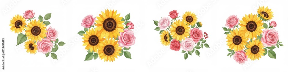 Naklejka premium Watercolor Sunflowers and Roses Bouquet Illustration - A vibrant watercolor painting of sunflowers and roses, symbolizing joy, love, warmth, beauty, and summer