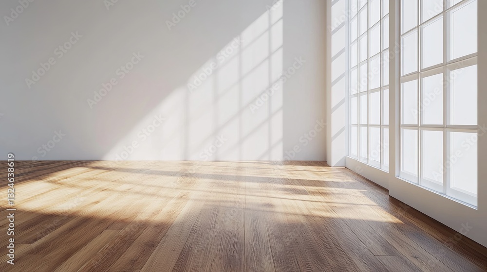 A mock-up of an empty room with wood laminate flooring, where sunlight casts soft shadows on the walls. A minimalistic interior perspective. 3D rendering A mock-up of an empty room with wood laminate flooring, where sunlight casts soft shadows on the walls. A minimalistic interior perspective. 3D rendering