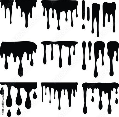 Dripping Liquid Illustrations Set for Graphic Design.A collection of vector illustrations showing various dripping liquid patterns.