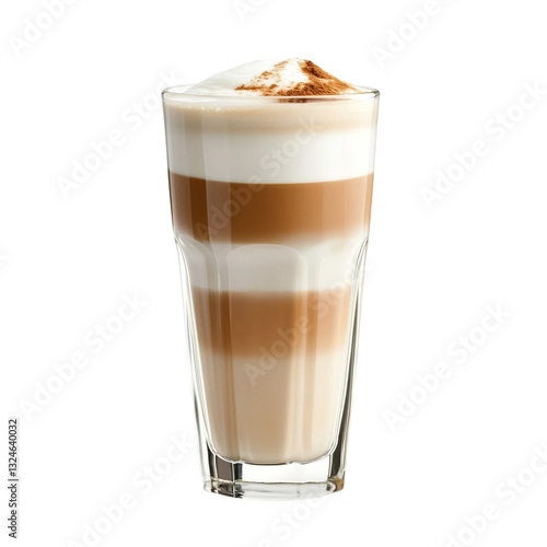  layered latte macchiato in tall clear glass isolated.