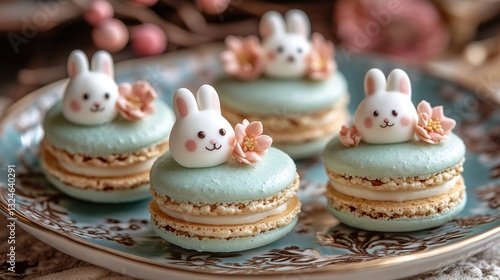 Cute bunny-themed macarons on vintage plate with blossoms. Easter, Pascha, Paskha, Ostern, Pascua, Paques - Orthodox and Catholic Holiday celebration photo