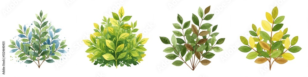 Leafy Bush Watercolour Illustrations Clipart - Four seasonal watercolor leafy bushes, symbolizing growth, change, nature, beauty, and life cycle. Perfect for design projects and illustrations Leafy Bush Watercolour Illustrations Clipart - Four seasonal watercolor leafy bushes, symbolizing growth, change, nature, beauty, and life cycle. Perfect for design projects and illustrations