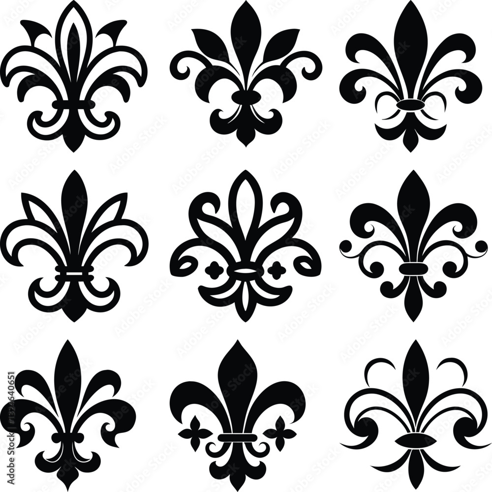 Elegant Fleur-de-lis Design Collection for Decorative Use.A set of nine distinct fleur-de-lis designs in black and white.