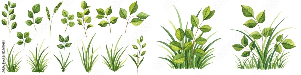 Watercolor Painting of Grass and Leaves Collection - A vibrant collection of watercolor painted grass and leaves, symbolizing nature, growth, freshness, spring, and tranquility Watercolor Painting of Grass and Leaves Collection - A vibrant collection of watercolor painted grass and leaves, symbolizing nature, growth, freshness, spring, and tranquility