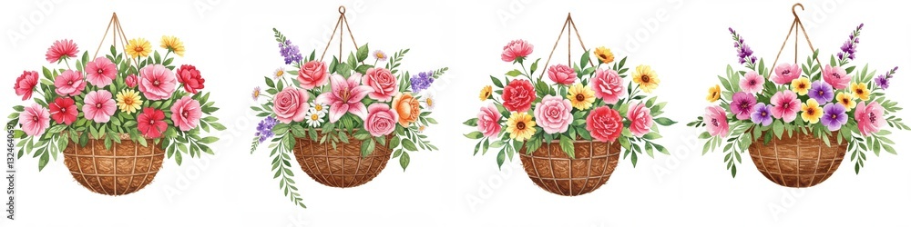Obraz premium Watercolor Painting of Hanging Flower Baskets - Four charming watercolor paintings depict hanging baskets overflowing with vibrant blooms. These symbolize spring, beauty, growth, nature
