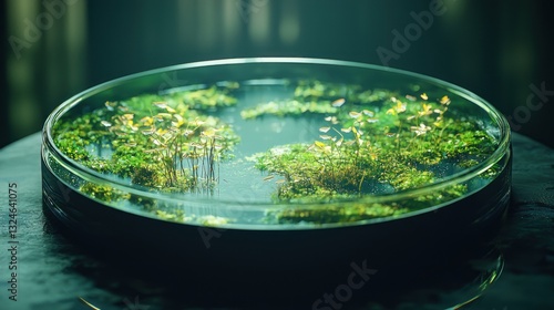 Miniature landscape of moss and plants thriving in a petri dish.