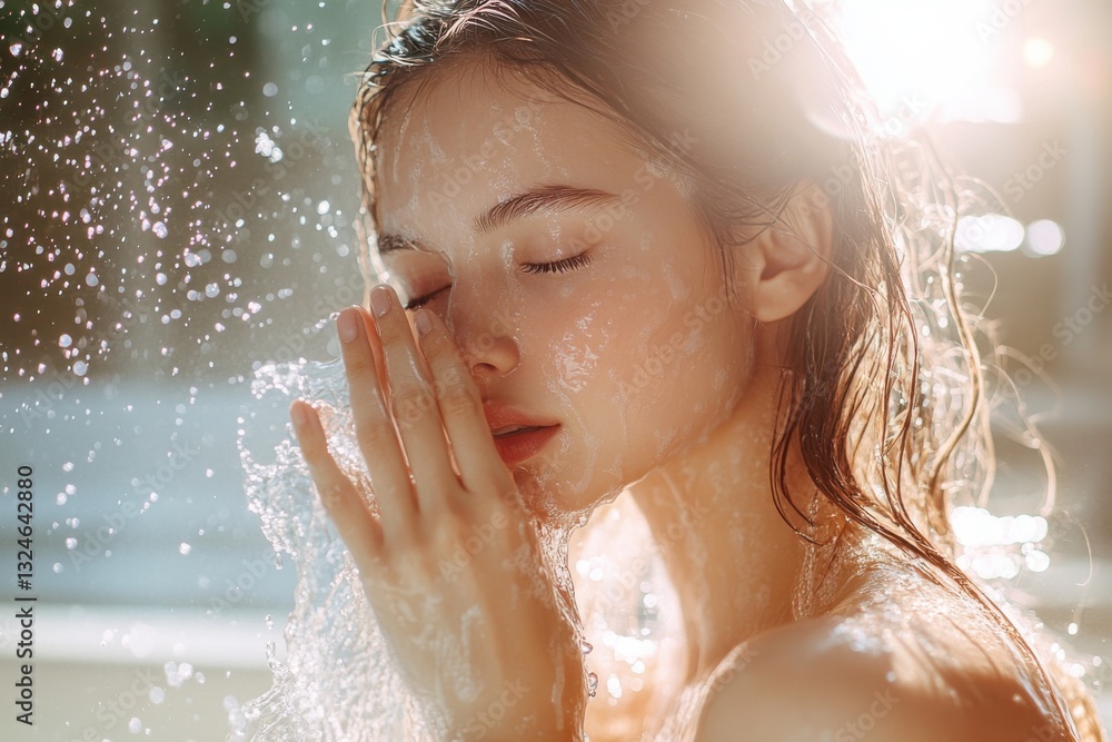 Woman with closed eyes holds hand to face as water splashes in sunlight. Clean beauty and skin care concept. Refreshing morning routine. Woman with closed eyes holds hand to face as water splashes in sunlight. Clean beauty and skin care concept. Refreshing morning routine.