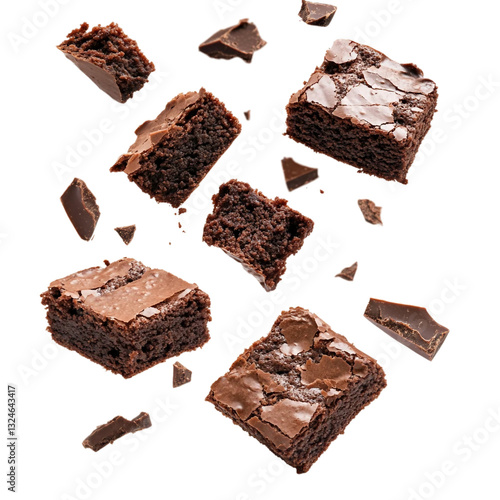 Pieces of chocolate brownies floating or falling in mid air, isolated