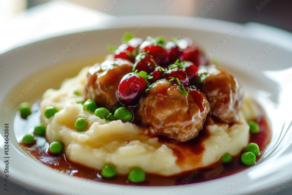 Gourmet dinner plate with meatballs, mashed potatoes, and peas Gourmet dinner plate with meatballs, mashed potatoes, and peas