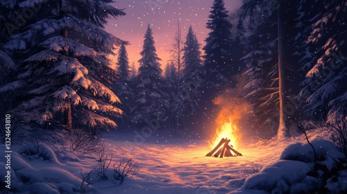 A beautiful campfire warms the snowy winter forest scene