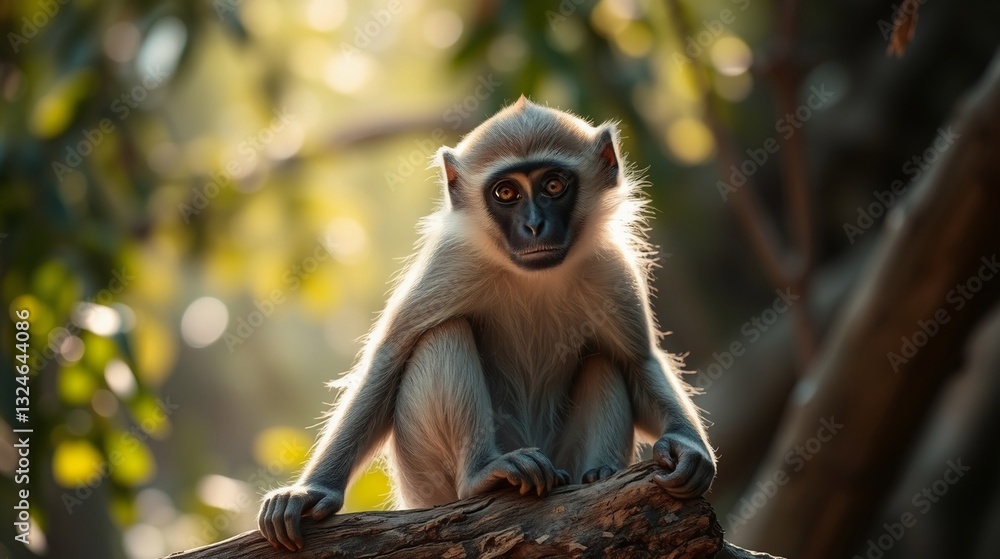 Fototapeta premium Captivating Portrait of a Young Monkey perched on a Tree Branch in Lush Greenery