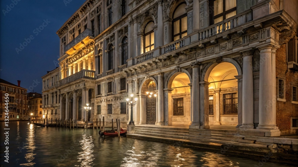 Fototapeta premium Palazzo Grassi Venice: Historic Architecture on Grand Canal, Evening Twilight, Venetian Charm, Classic Building and Canal Reflections.