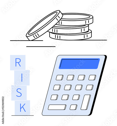 Coins, calculator, and stacked RISK blocks convey financial analysis, decision-making, investment, budget planning. Ideal for economics, business strategy, risk evaluation money management