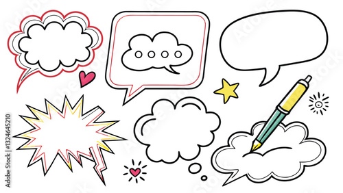 doodle art of A variety of empty speech and thought bubbles, hand-drawn in different shapes and sizes, often used for dialogues or thoughts in comics.
